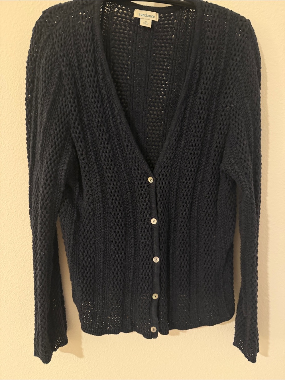 Sundance Navy Open-Knit V-Neck Button Cardigan